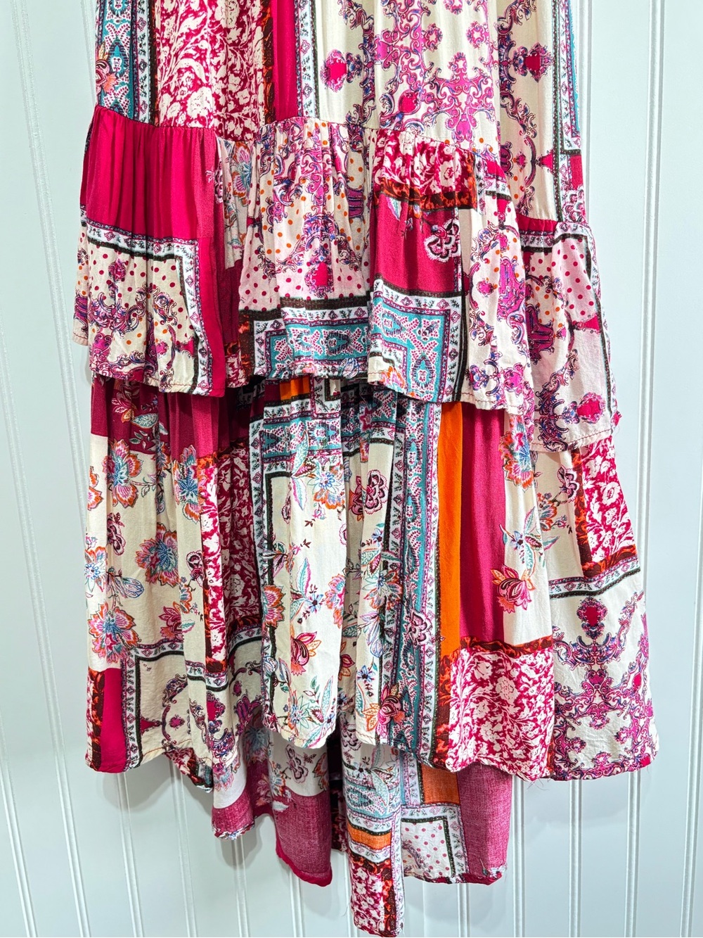 Lapis Patchwork Boho Tiered Ruffle Midi Dress Pink Floral Size Large - Picture 10 of 16